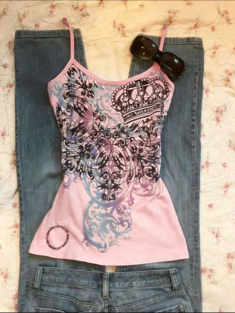 Pink Graphic Crown Print Camisole with Adjustable Straps
